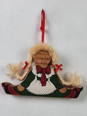 Ring Green, Red and Cream Rag Doll Holiday Wood Ornament Painted Toll